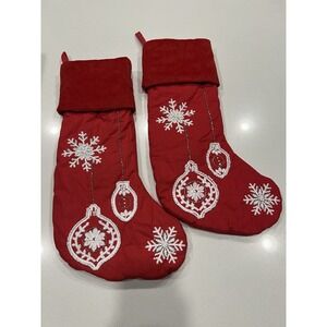 Red Christmas Stockings Lot of 2 Beaded Snowflakes Ornaments Holiday Decor